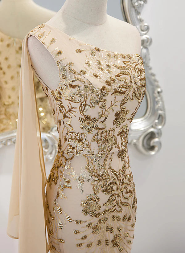 Precioso vestido de fiesta de sirena con lentejuelas color champán y un solo hombro